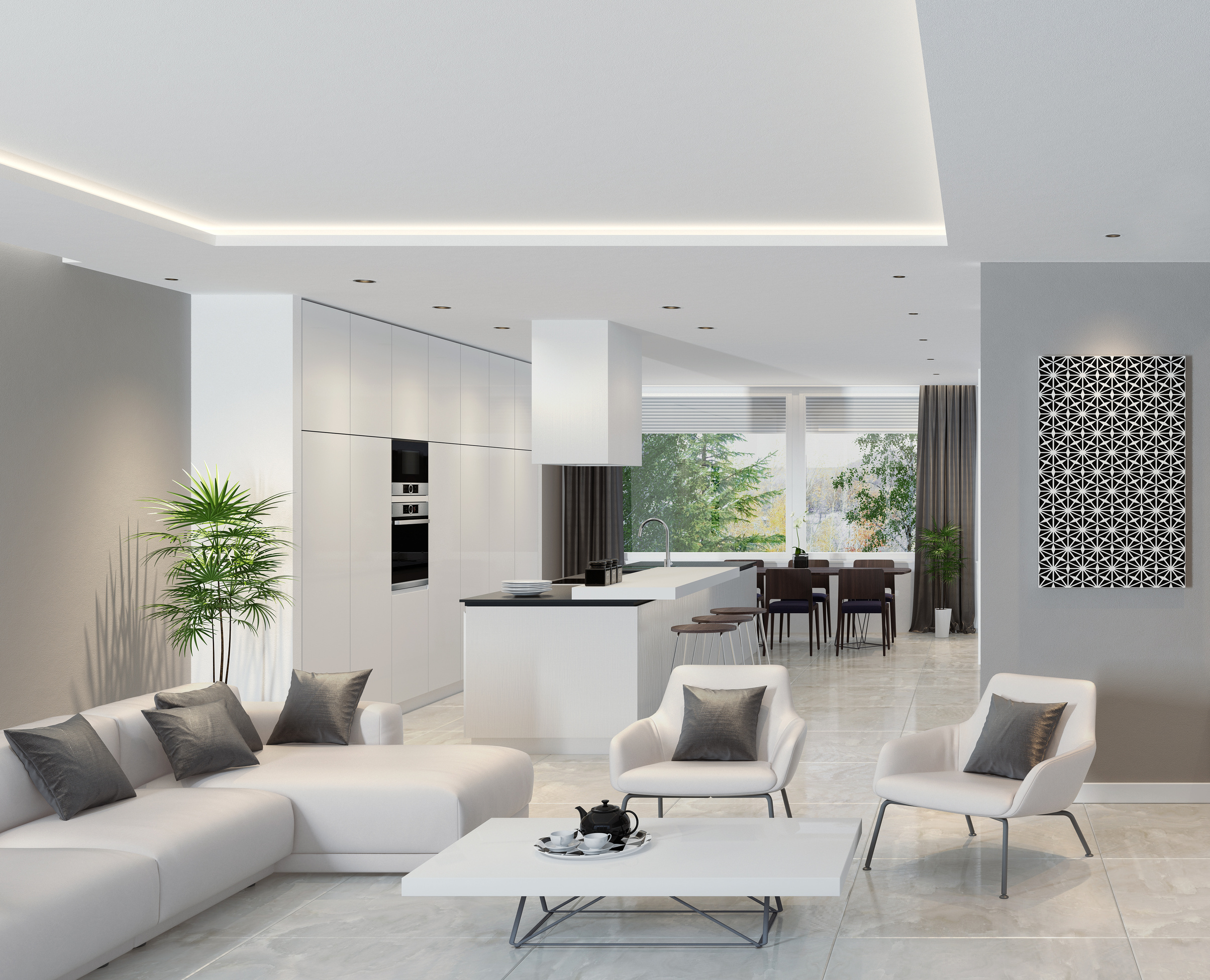 Luxury living room interior with modern minimalist kitchen